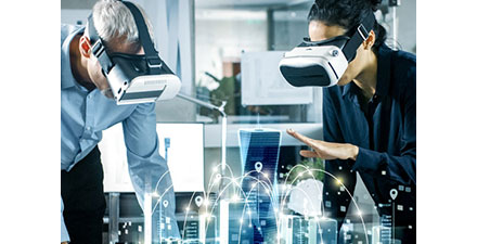 man and woman with virtual reality goggles on looking at buildings